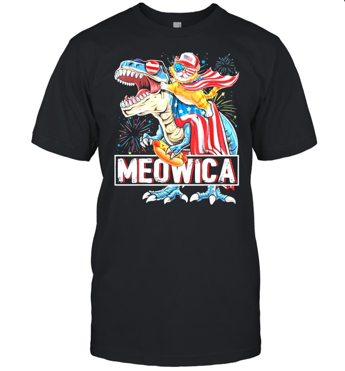 Meowica Cat Riding T- Rex Dinosaur 4th Of July American Flag Kids shirt Classic Men's T-shirt