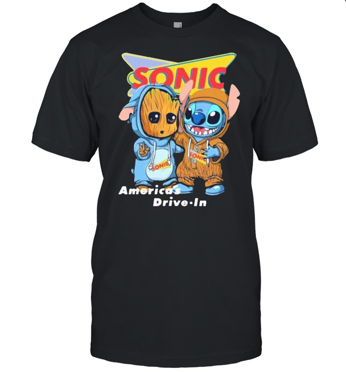 Americas Drive In Sonic Logo Baby Groot And Baby Stitch  Classic Men's T-shirt