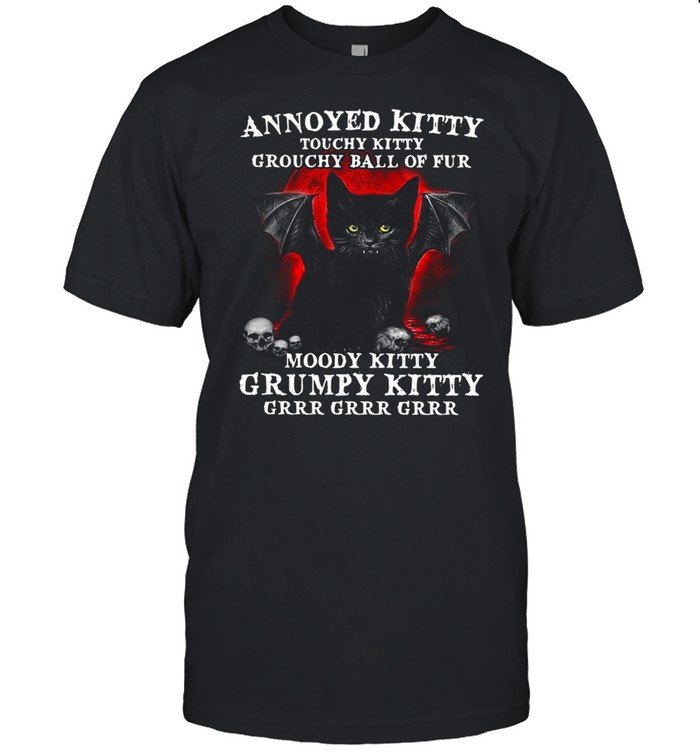 Annoyed Kitty Touchy Kitty Grouchy Ball Of Fur Moody Kitty Grumpy Kitty Black Vampire Cat With And Skulls  Classic Men's T-shirt