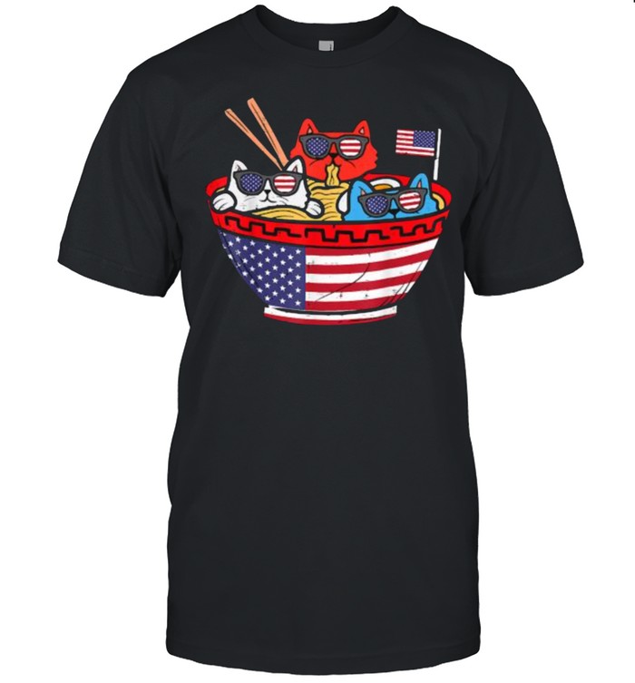 Cats Ramen Anime American Flag USA Funny 4th Of July Independence T-Shirt