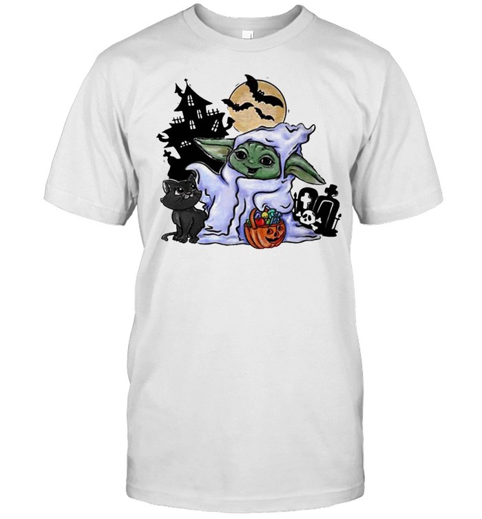 Baby Yoda in a ghost halloween shirt