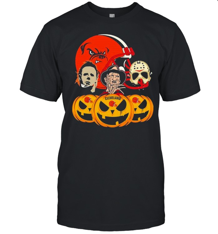 Halloween Horror Movie Pumpkin and Jason Voorhees And Freddy Krueger Cleveland Browns shirt