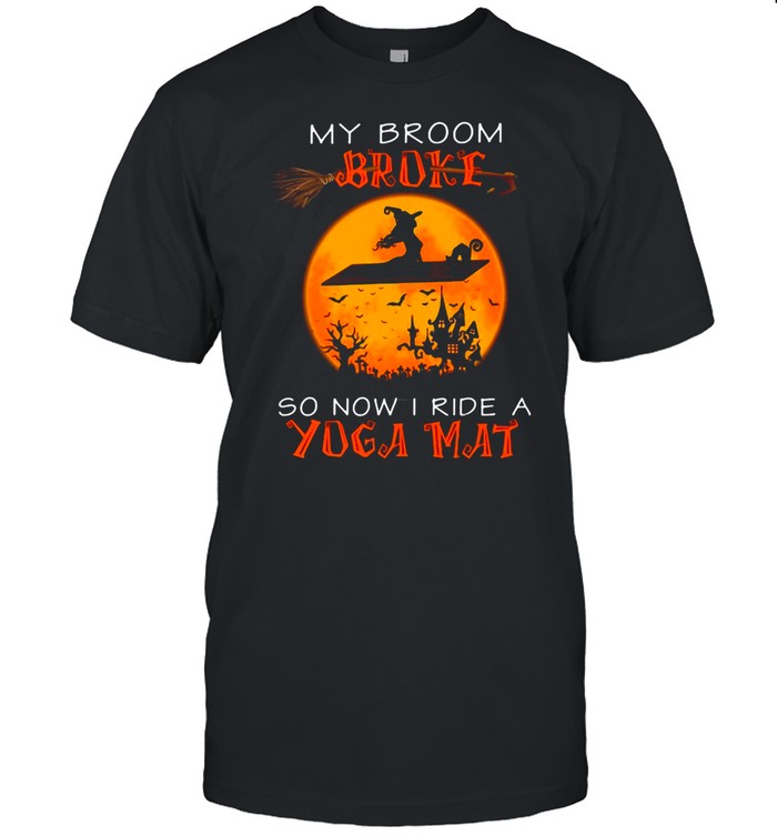 Witch And Cat My Broom Broke So Now I Ride A Yoga Mat Halloween T-shirt Classic Men's T-shirt