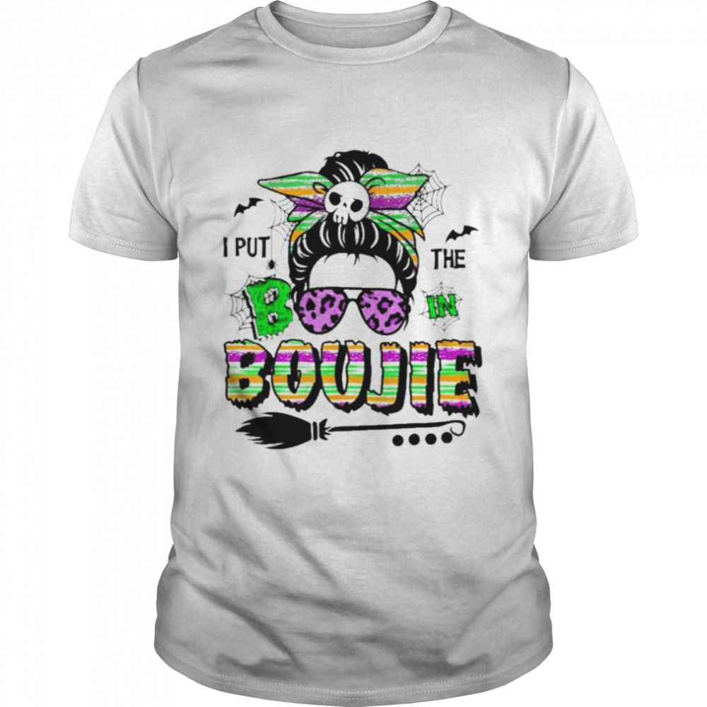 I Put The Boo In Boujie Skull Messy Bun Leopard Halloween Shirt