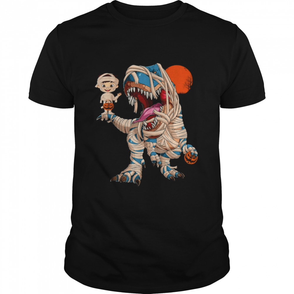 Boy Riding Dinosaur Mummy Pumpkin Trex Halloween Kids T-shirt