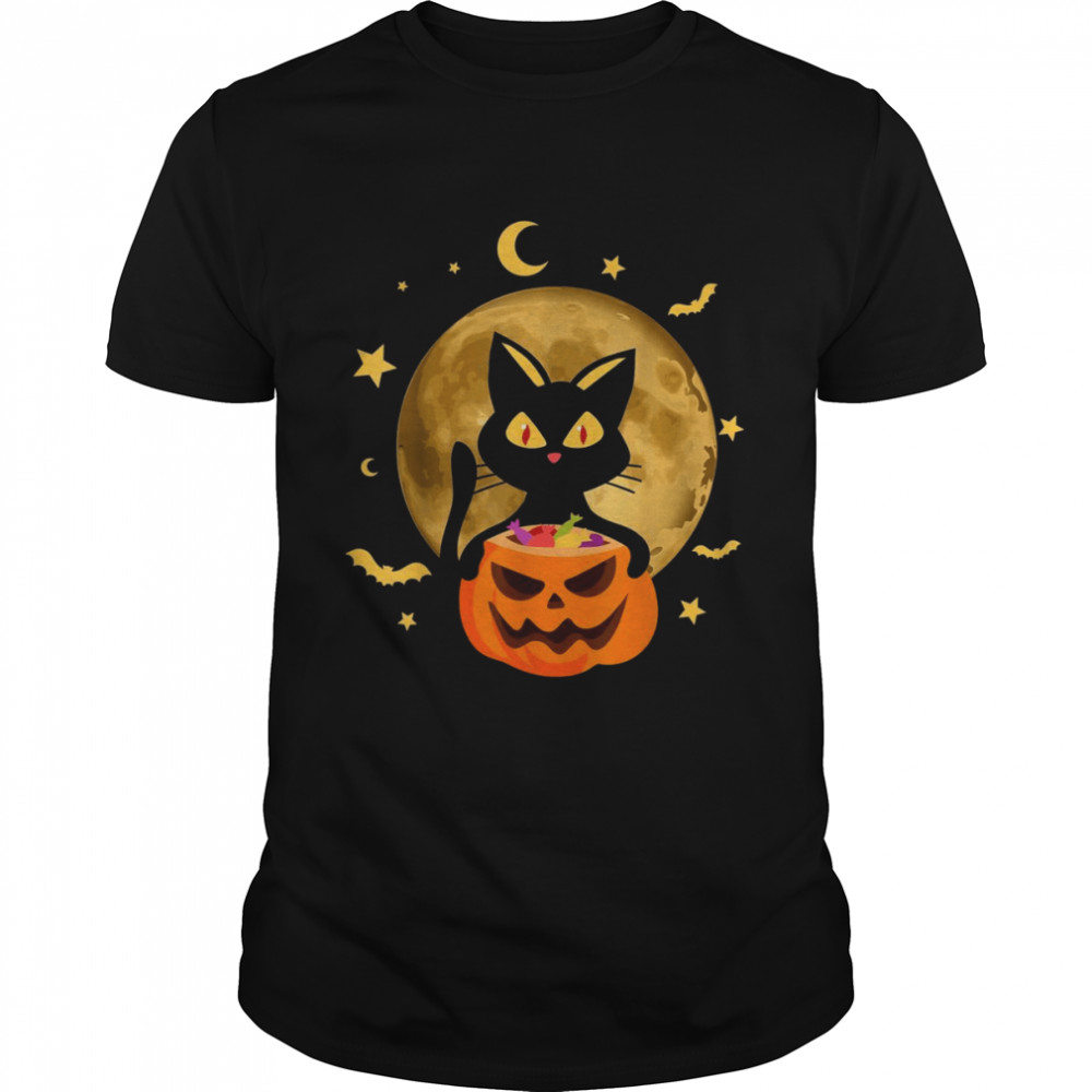 Halloween Black Cat Scary Pumpkin On the Moon Shirt