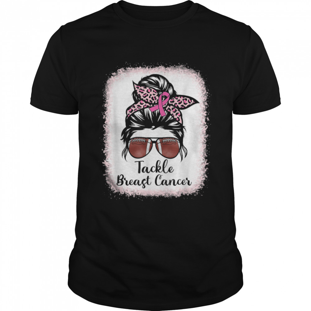 Tackle Breast Cancer Football Mom Messy Bun Leopard T-Shirt