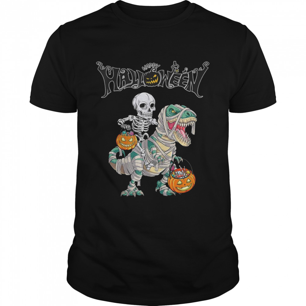 Skeleton Riding Mummy Dinosaur Trex Halloween Pumpkin Shirt