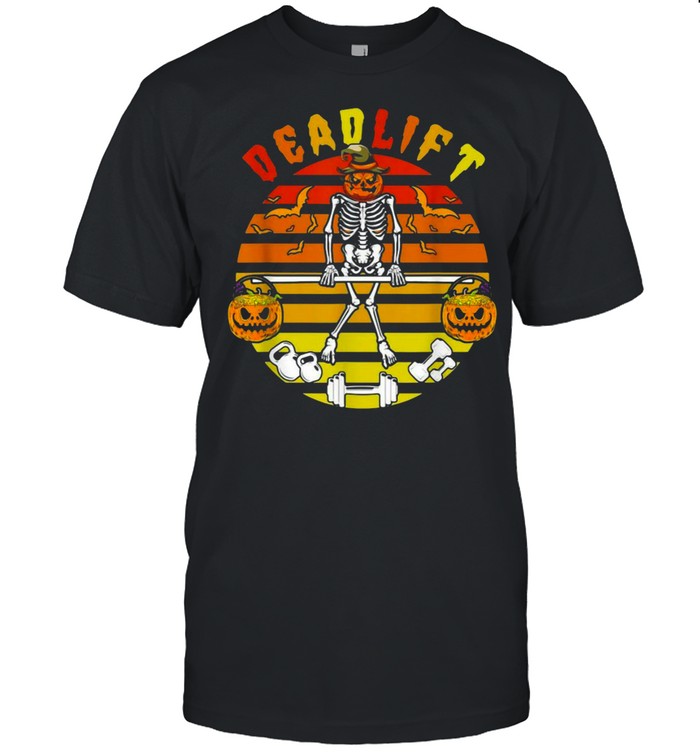 Deadlift Halloween Skeleton Candy Pumpkin Gym Workout Vintage T-shirt
