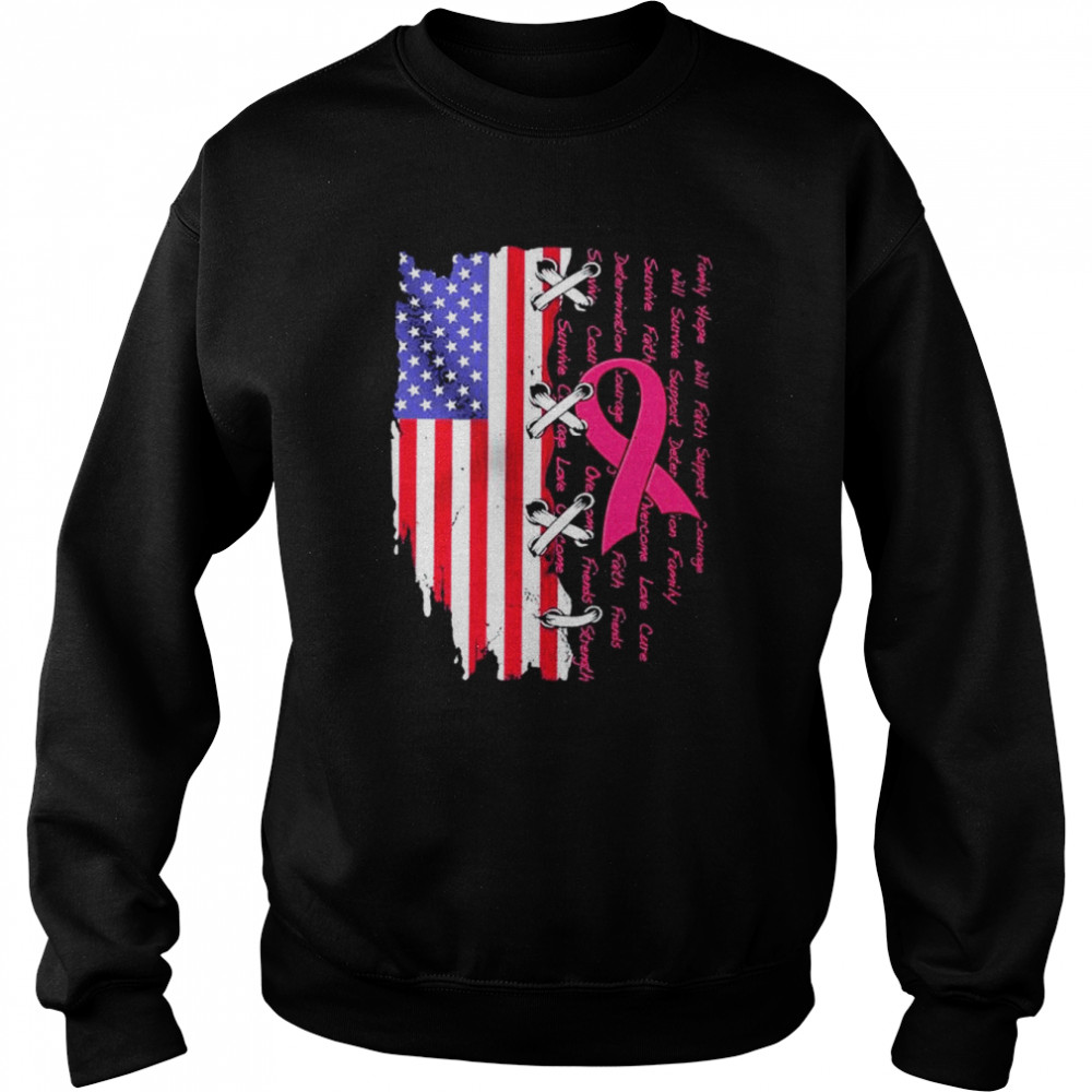 Trending Breast cancer awareness family hope will faith support American flag shirt Unisex Sweatshirt
