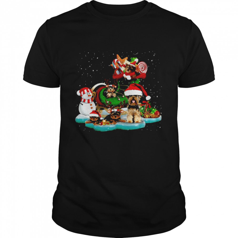 Yorkshire Terriers Playing On The Ice With Skating Shoes And Snowman Christmas Sweater Shirt