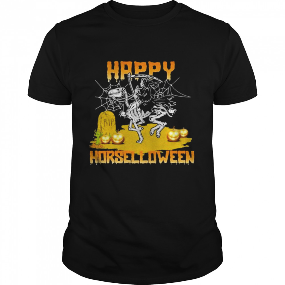 Grim Reaper Riding Dinosaur Skeleton Happy Horselloween Halloween Shirt
