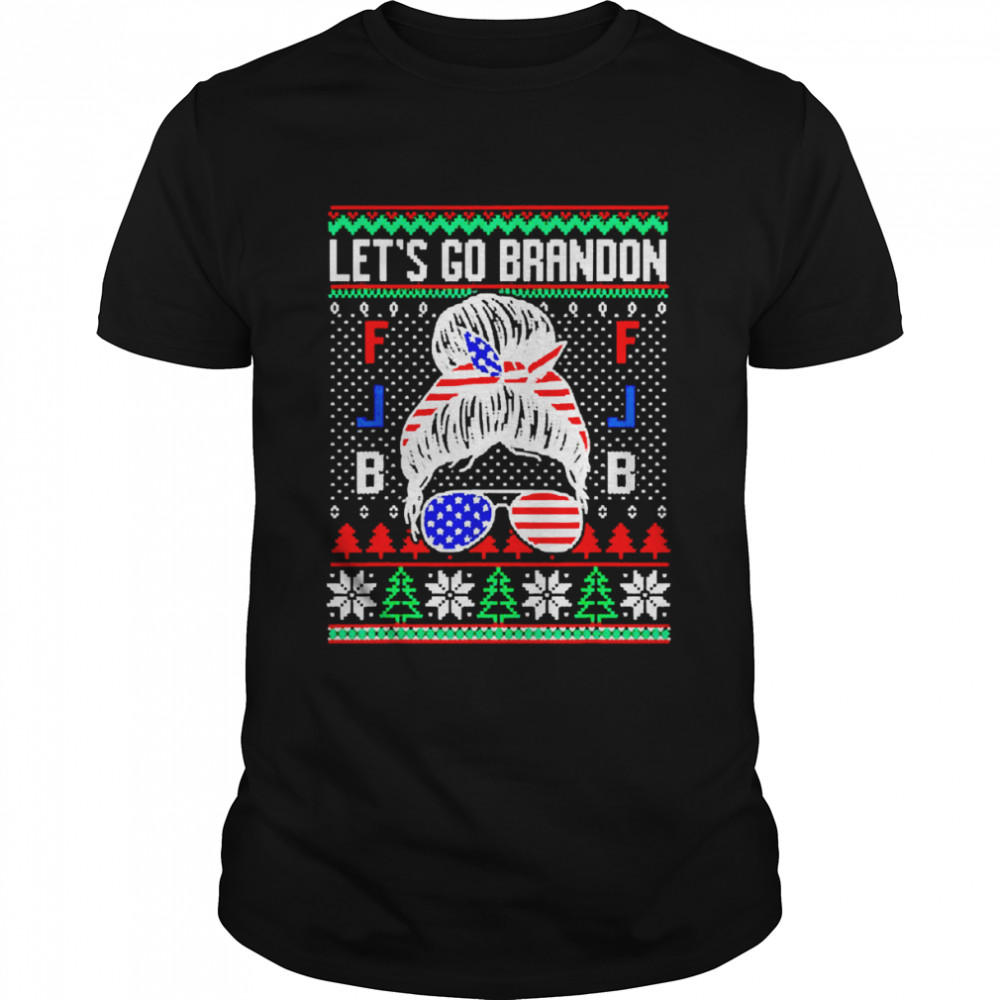 Women Let’s Go Brandon Ugly Christmas Messy Bun Glassed Flag Shirt
