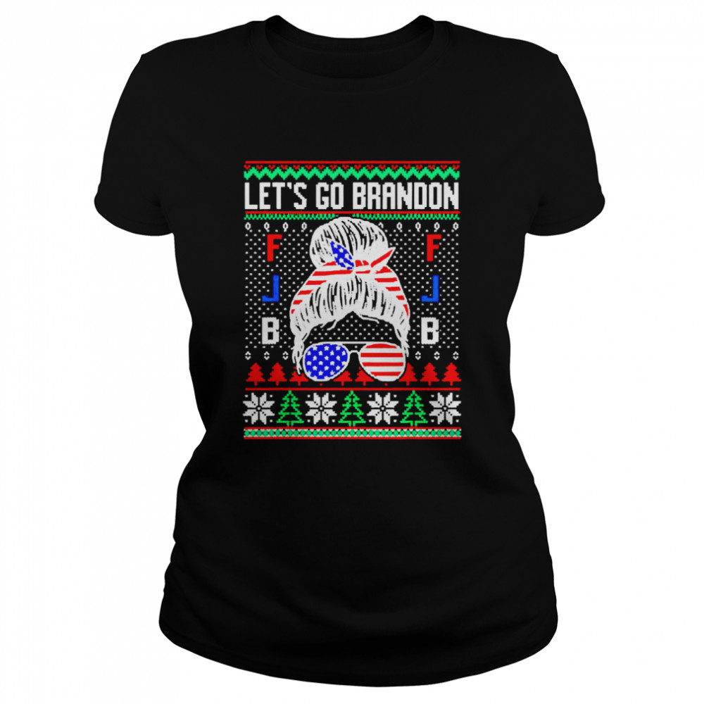 Women Let’s Go Brandon Ugly Christmas Messy Bun Glassed Flag  Classic Women's T-shirt