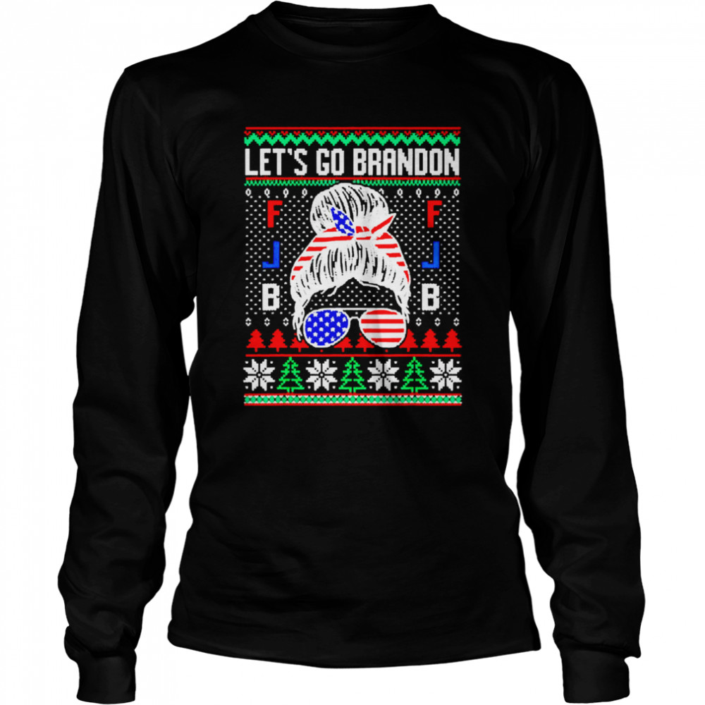 Women Let’s Go Brandon Ugly Christmas Messy Bun Glassed Flag  Long Sleeved T-shirt