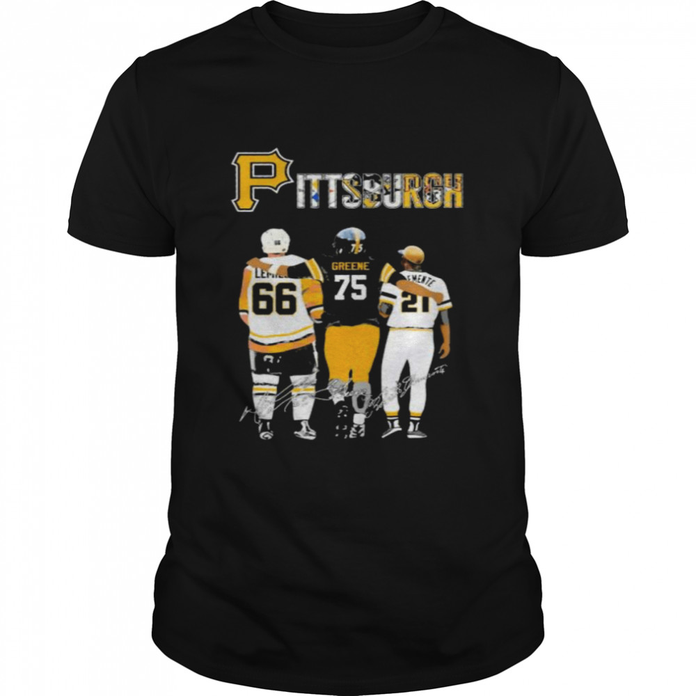Pittsburgh Sport Team Mario Lemieux and Kevin Greene and Roberto Clemente mvp signatures shirt