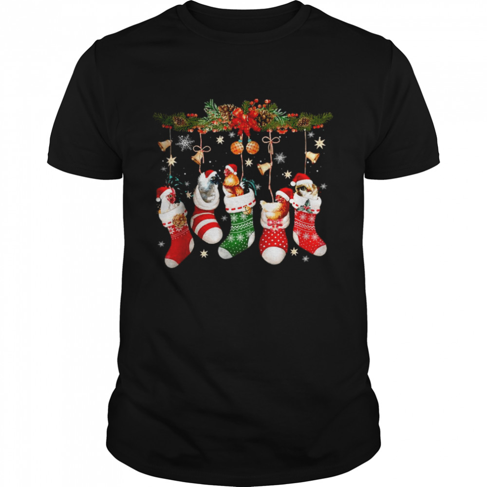 Chickens In Christmas Sock Santa Hat Xmas Chicken Lover T-Shirt