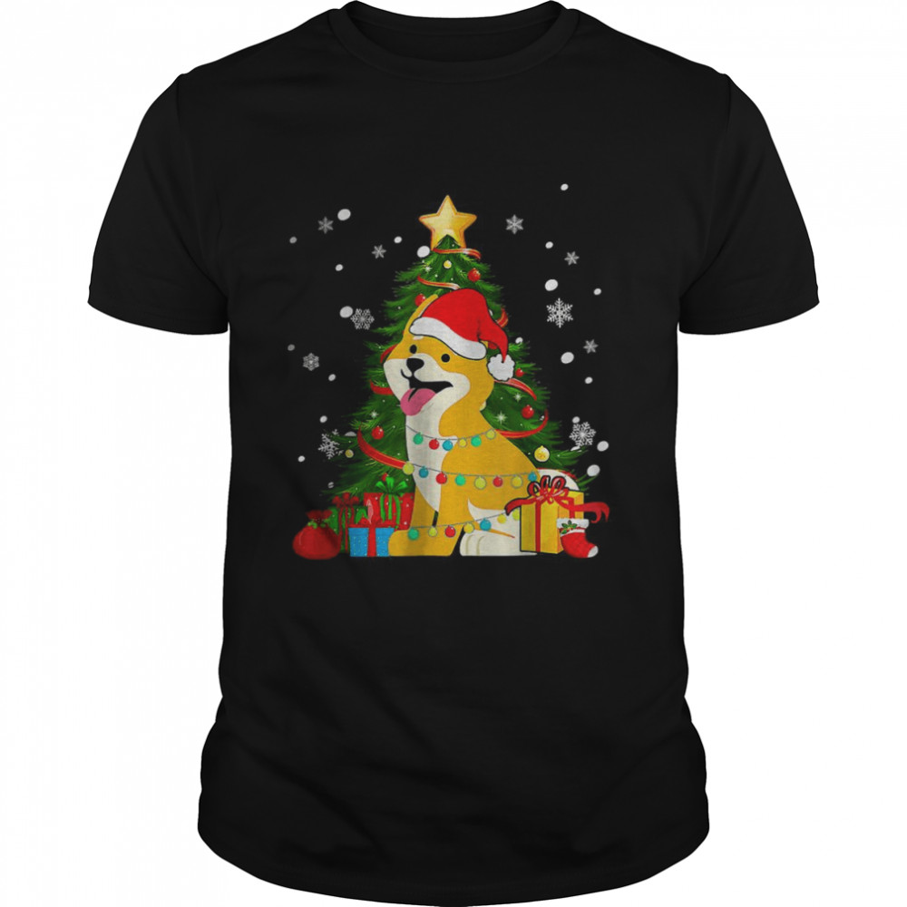 Shiba Inu Dog Christmas Santa Tree Light Pajama Dog Xmas T-Shirt