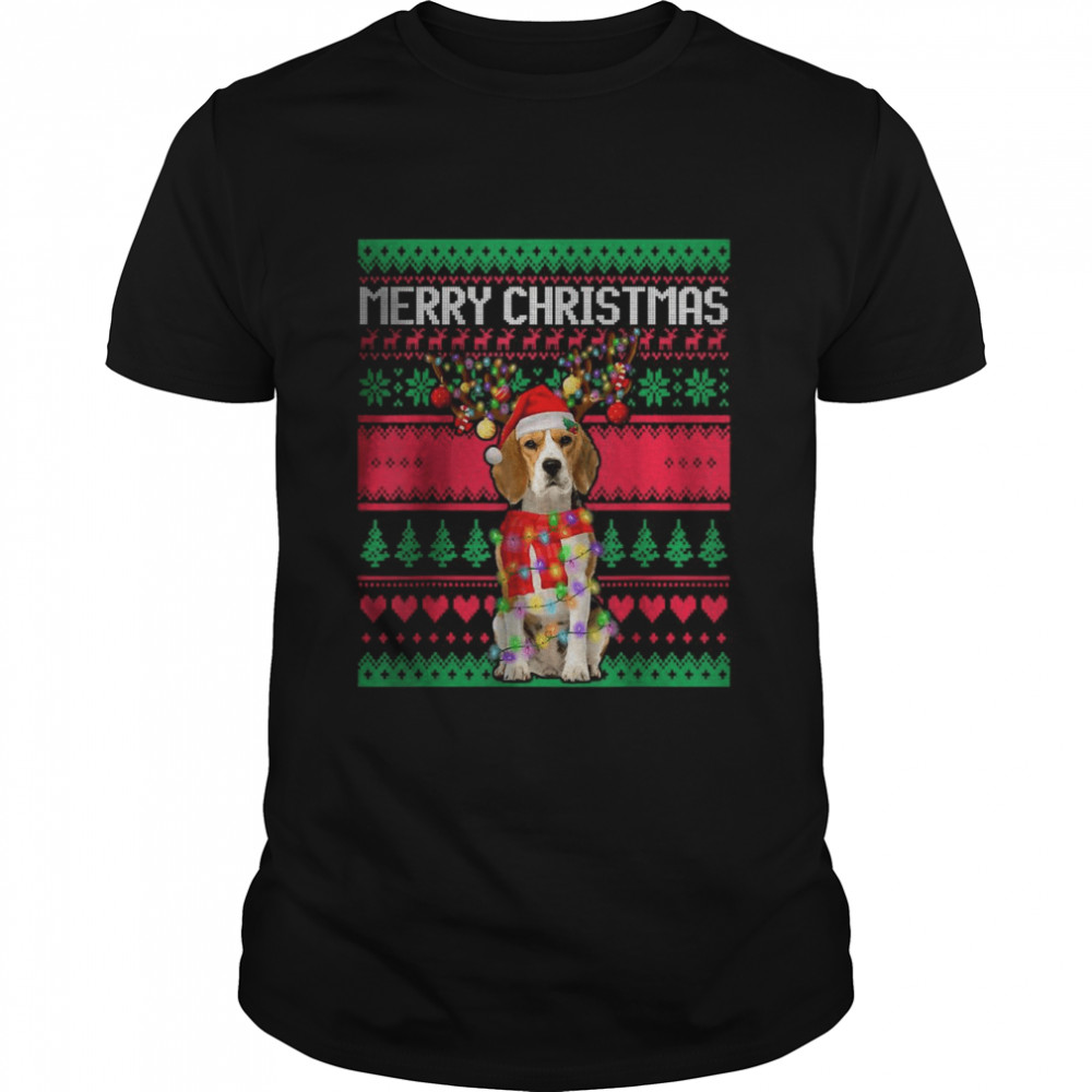 Merry Christmas Beagle Reindeer Lighting Xmas Ugly Pajama T-Shirt