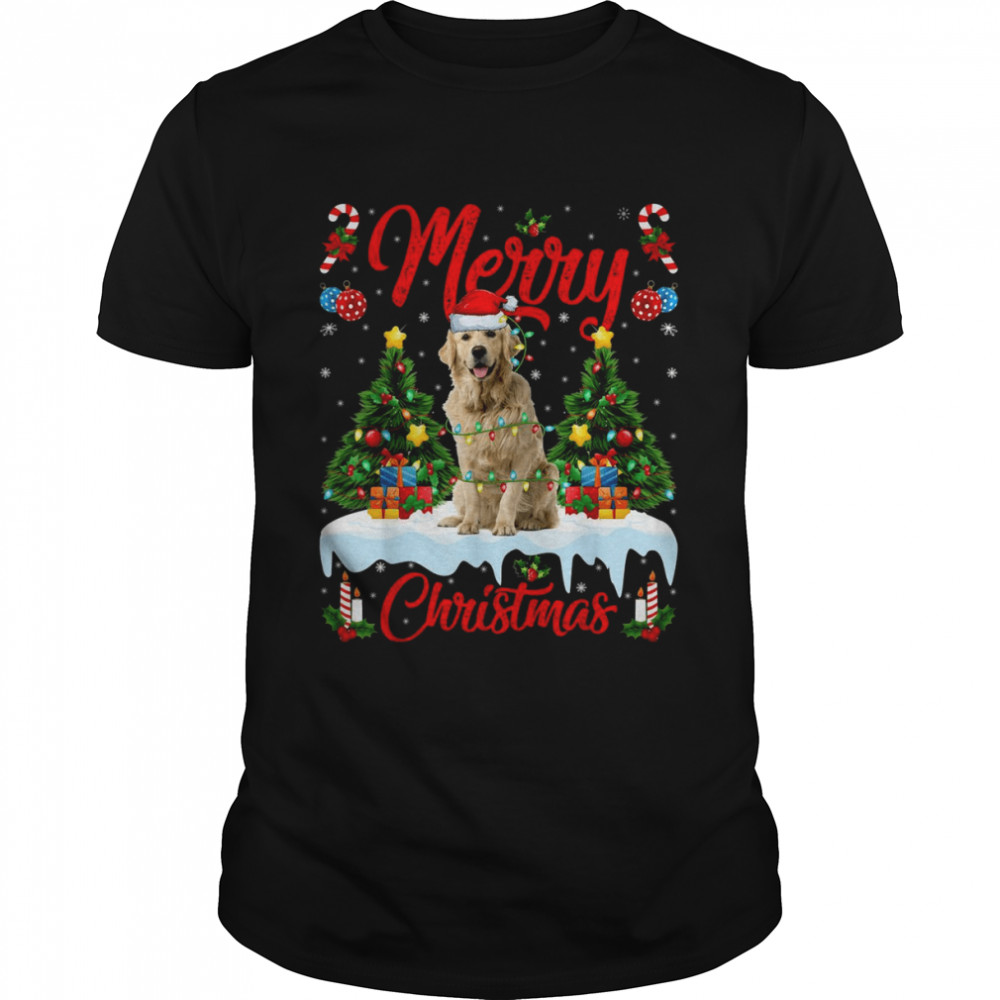 Funny Xmas Lighting Santa Hat Golden Retriever Dog Christmas Shirt