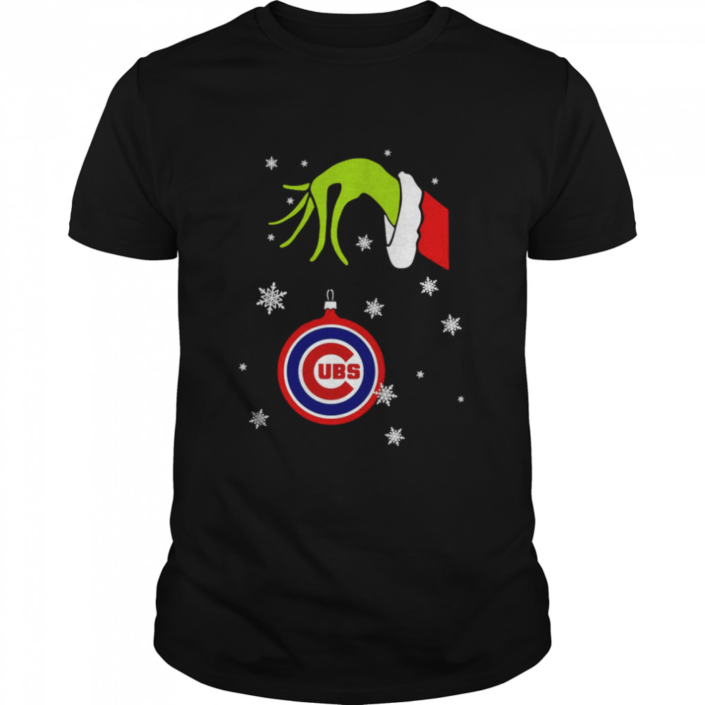 Grinch Hand holding Ornament Chicago Cubs Snowflake Christmas shirt