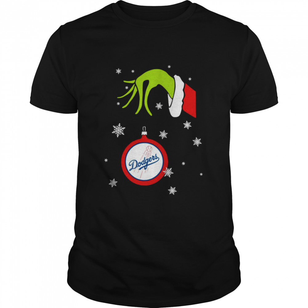 Grinch Hand holding Ornament Los Angeles Dodgers Snowflake Christmas shirt