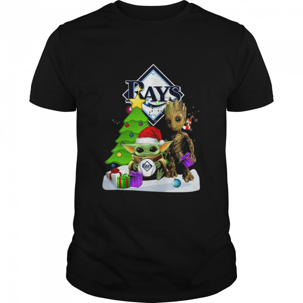 santa Bigfoot and Baby Yoda hug Tampa Bay Rays Snow Christmas Tree shirt