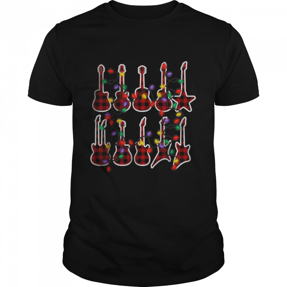 Red Plaid Guitar Christmas Pajamas Guitarist Xmas Lights T-Shirt
