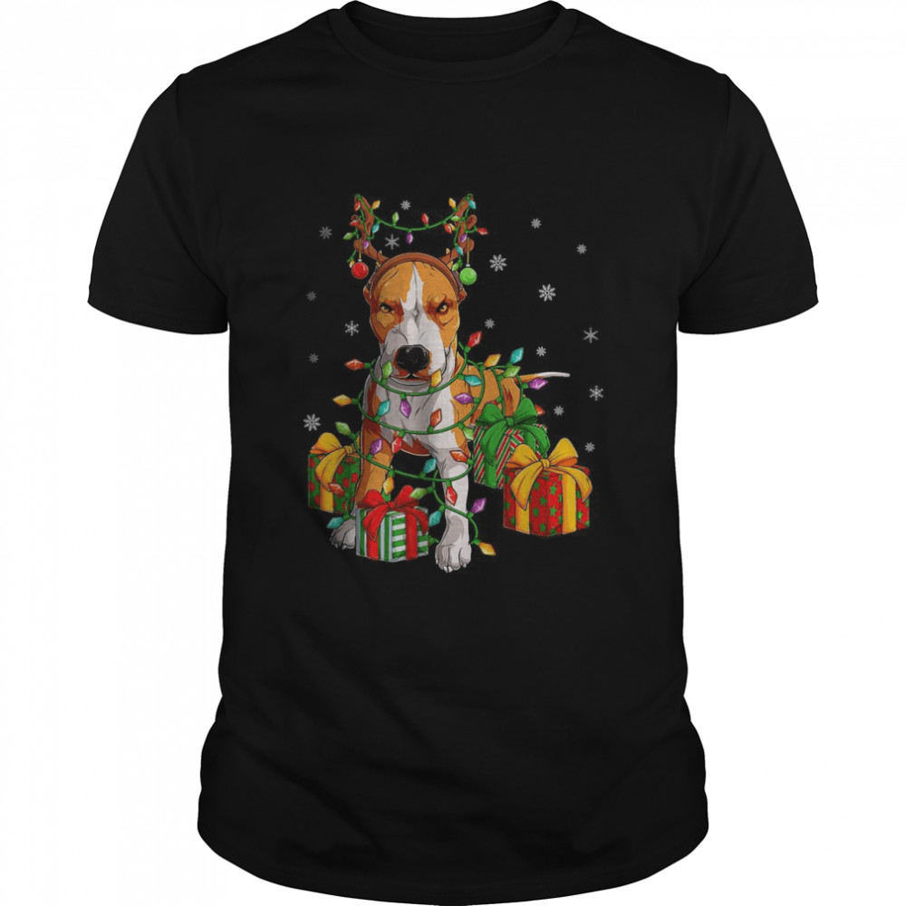Pit Bull Dog Xmas Lighting Reindeer Hat Pit Bull Christmas Shirt
