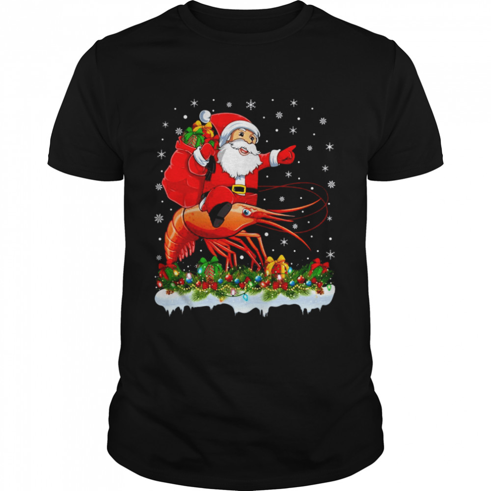 Lighting Xmas Santa Claus Riding Prawn Fish Christmas Shirt