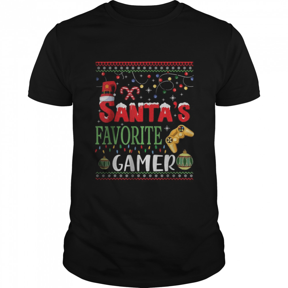 Santa’s Favorite Gamer Christmas tee Gaming Santa Hat Pajama T-Shirt