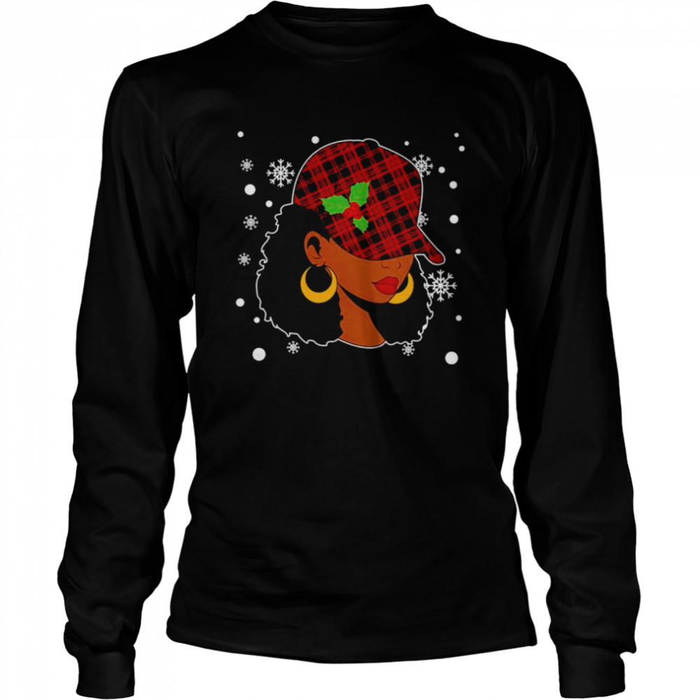 Black African American Santa Hat Red Plaid Melanin shirt Long Sleeved T-shirt