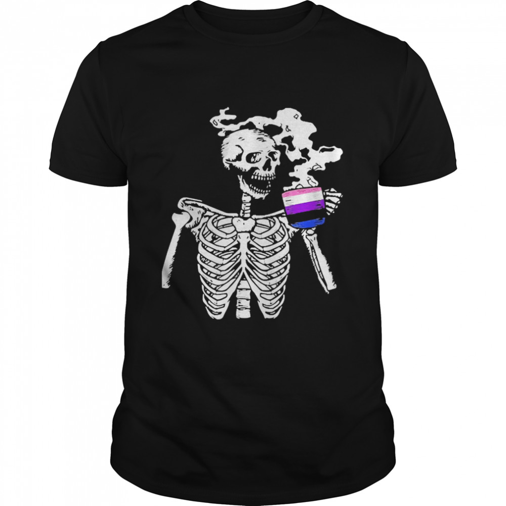 Skeleton Drinking Coffee Genderfluid Pride Skull Lgbtq Ally Shirt