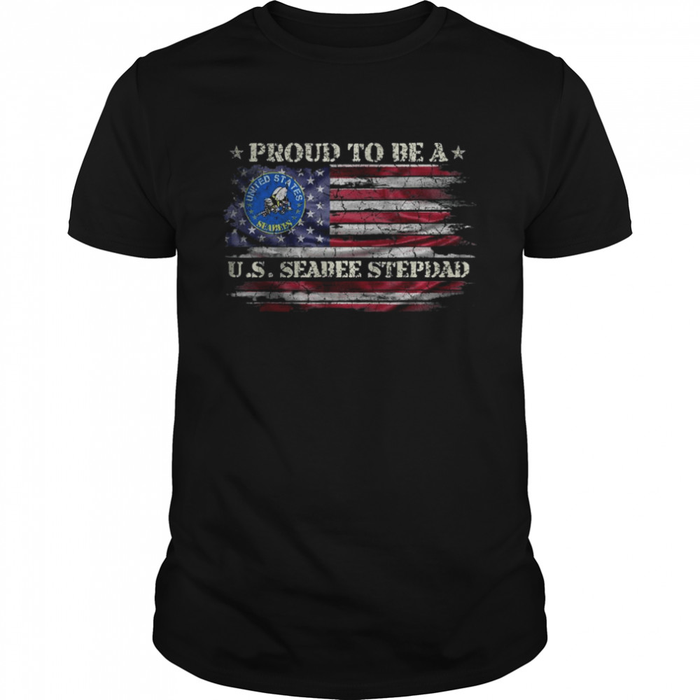 Vintage USA American Flag Proud To Be A US Seabee Stepdad T-Shirt