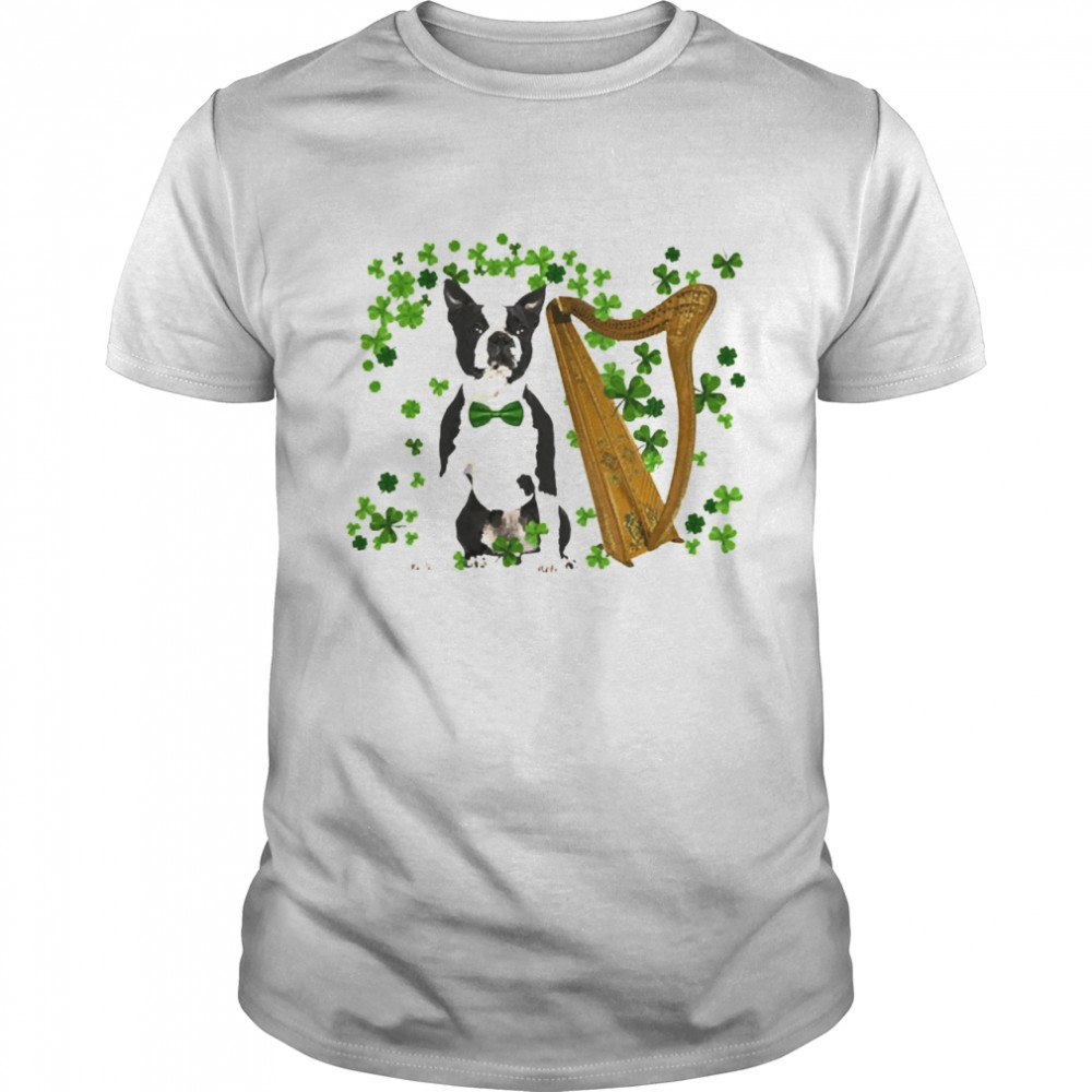 St Patricks Day Irish Lucky Harp Black Boston Terrier Dog Shirt
