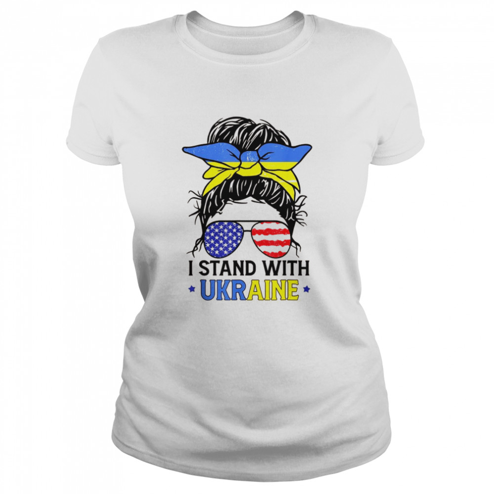Ukrainian American Flag I Stand With Ukraine Messy Bun  Classic Women's T-shirt