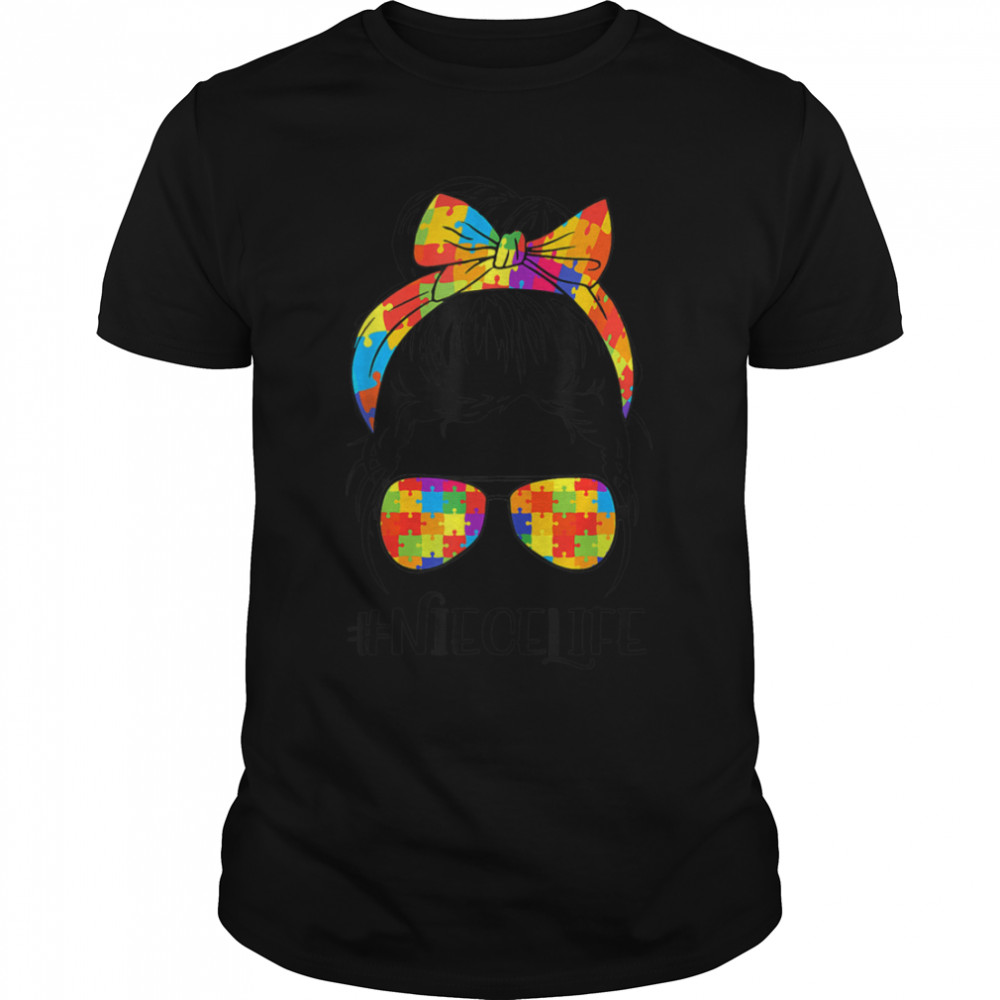 Autism Niece Life Messy Bun Glasses Bandana Mother’s Day T-Shirt B09VD3W97V