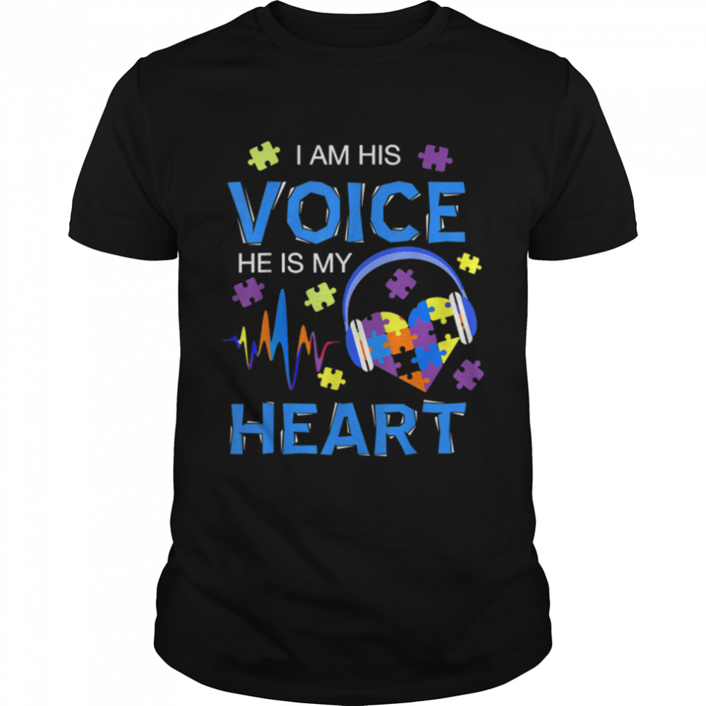 Autism Awareness Mom Dad I Am His Voice He Is My Heart T-Shirt B09VXQTV4L