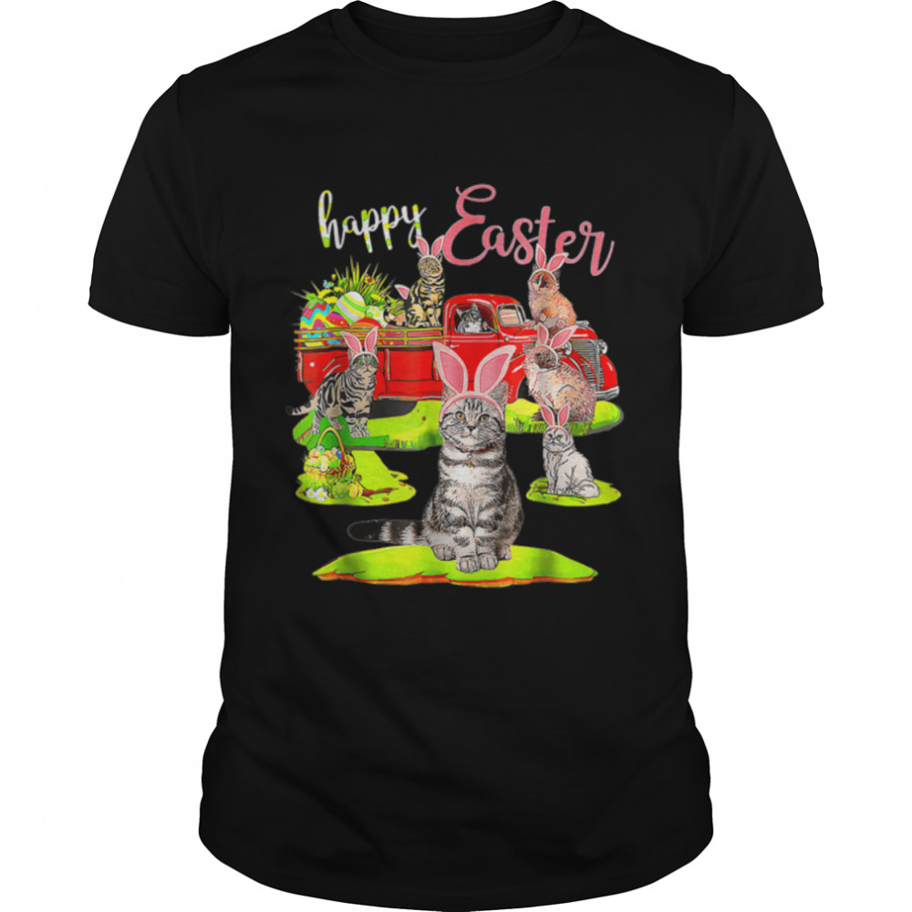 Happy Easter Day Cute Cat Riding Red Truck Love Bunny Eggs T-Shirt B09W5TSJQK