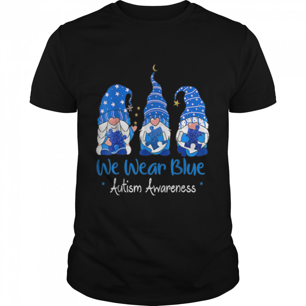 We Wear Blue Three Gnomes Holding Puzzle Autism Awareness T-Shirt B09W5GTX3W