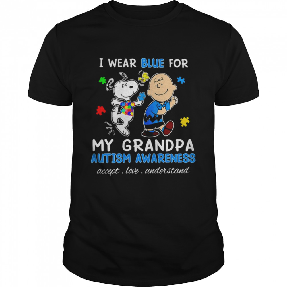 Snoopy Woodstock And Charlie Brown I Wear Blue For My Grandpa Autism Awareness Accept Love Understand  Classic Men's T-shirt