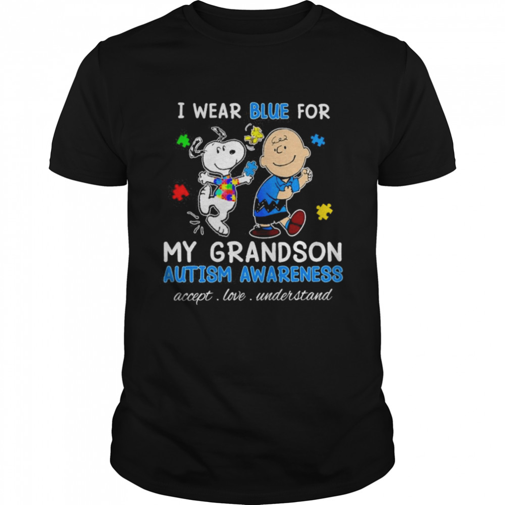 Snoopy Woodstock And Charlie Brown I Wear Blue For My Grandson Autism Awareness Accept Love Understand Shirt