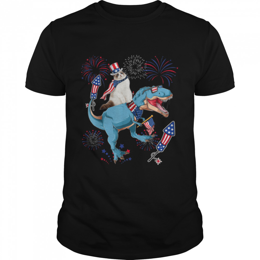 Cat Ridding T-Rex American Flag Fireworks Lover 4th July T-Shirt B0B2JQ4ZQB