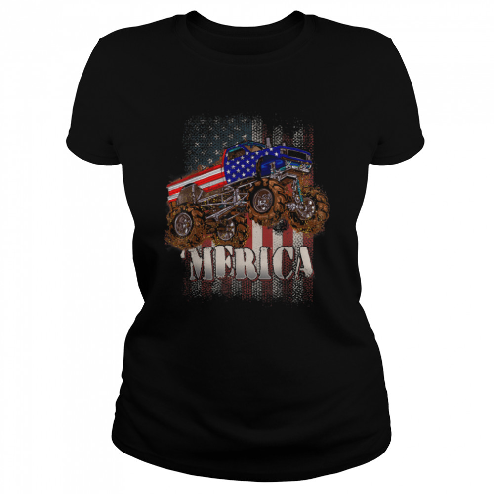 American Flag Monster Truck Merica 4th of July Monster Truck T- B0B4MSM94C Classic Women's T-shirt