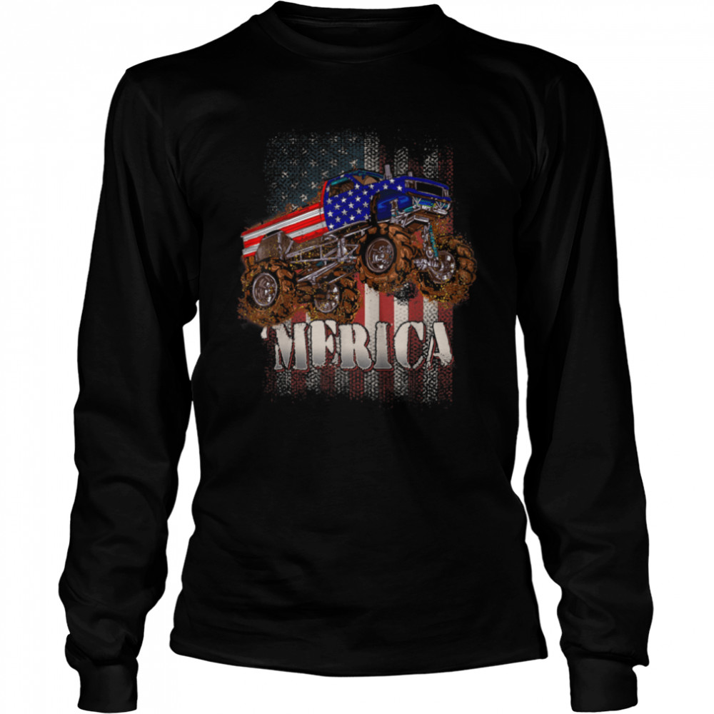 American Flag Monster Truck Merica 4th of July Monster Truck T- B0B4MSM94C Long Sleeved T-shirt