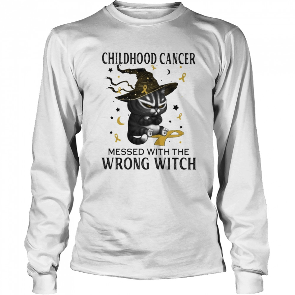 Black Cat Childhood Cancer messed with the wrong Witch halloween shirt Long Sleeved T-shirt