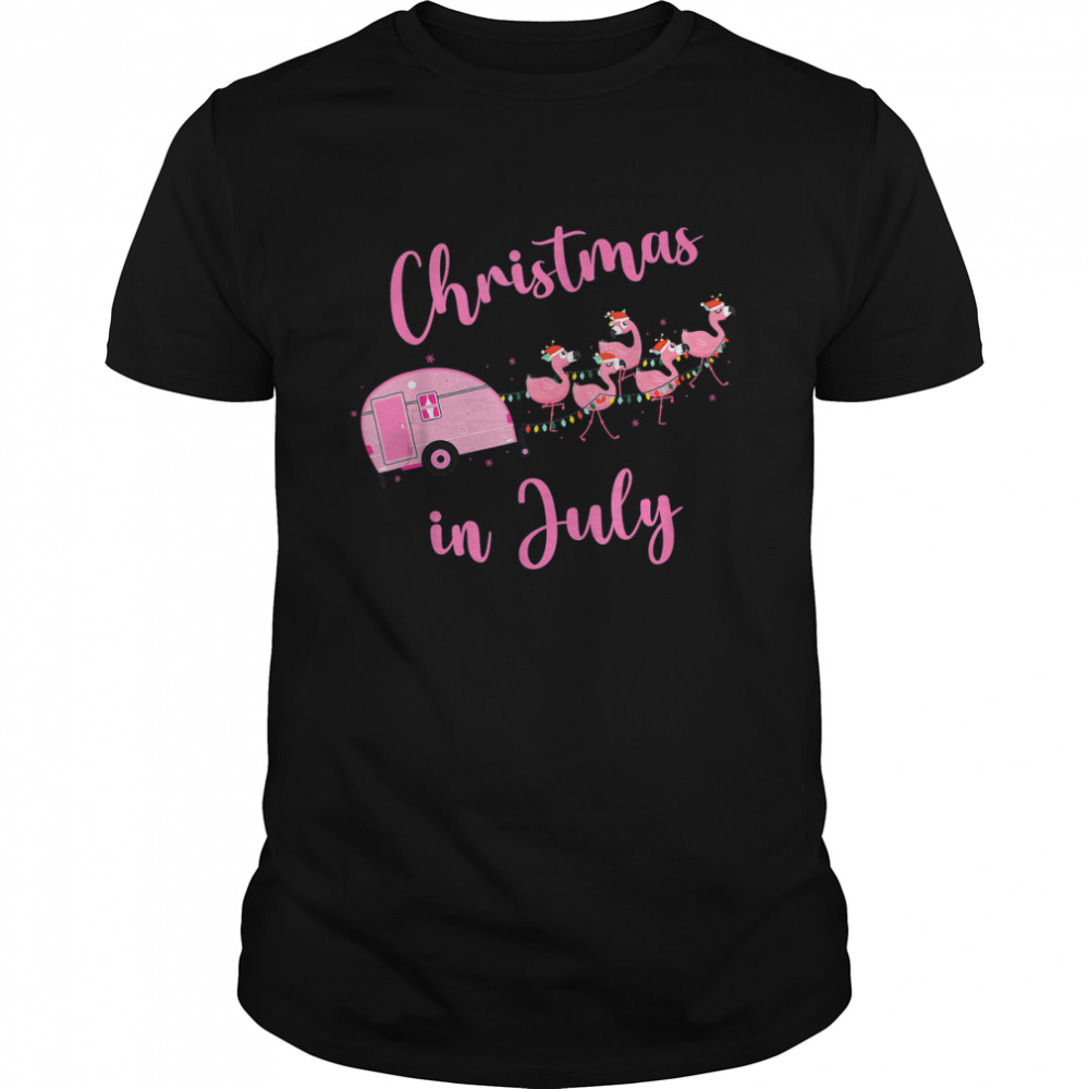 Funny Flamingo Pink Retro Camping Car Christmas In July T-Shirt