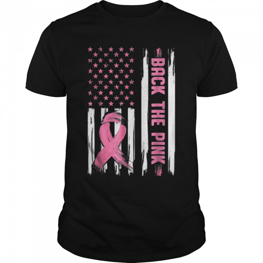Back The Pink Ribbon American Flag Breast Cancer Awareness T- B0B7DXF4MK Classic Men's T-shirt