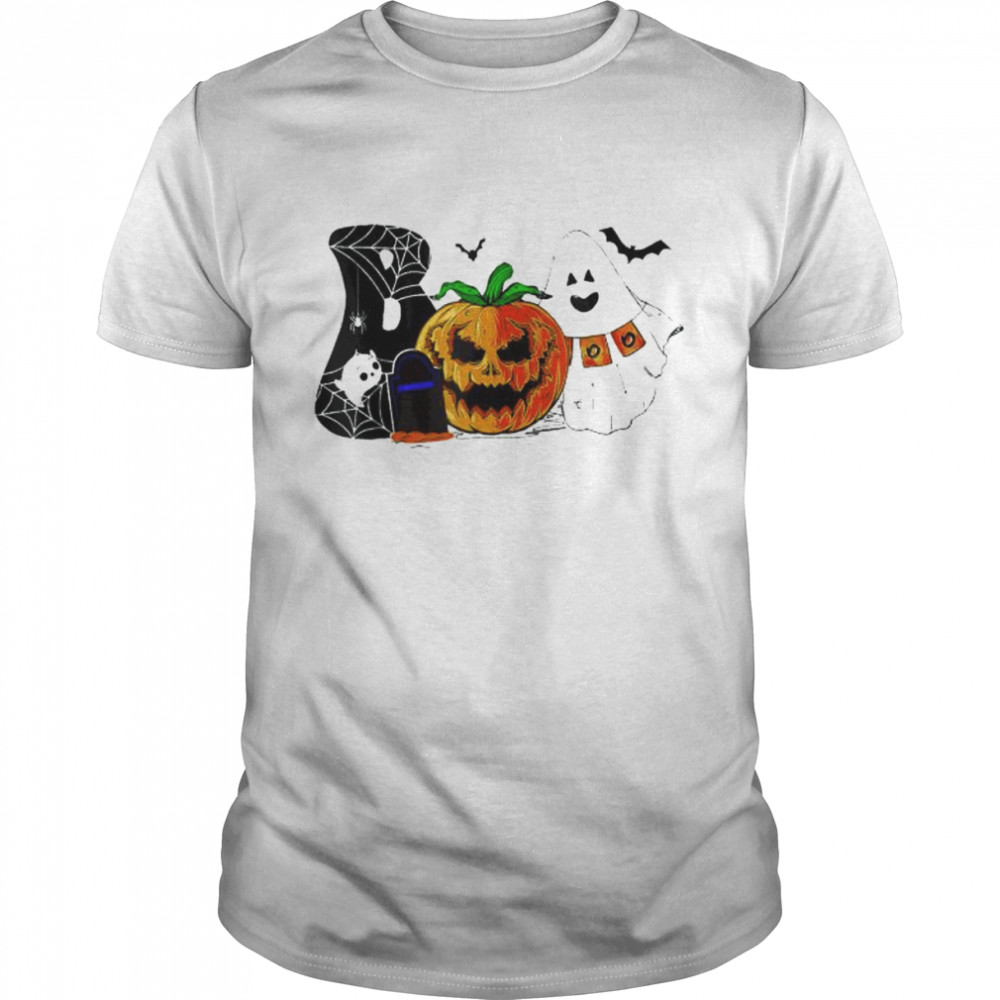 Boo halloween costume spiders ghosts pumpkin & witch hat shirt