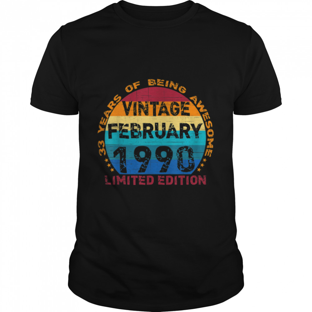33 Years Old Vintage February 1990 Distressed 33rd Birthday T-Shirt B0B7F72GGK